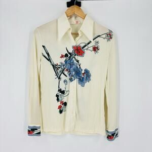 True Vintage 1970’s Tarmi Button Up Shirt Womens Medium Nylon Floral Embroidered